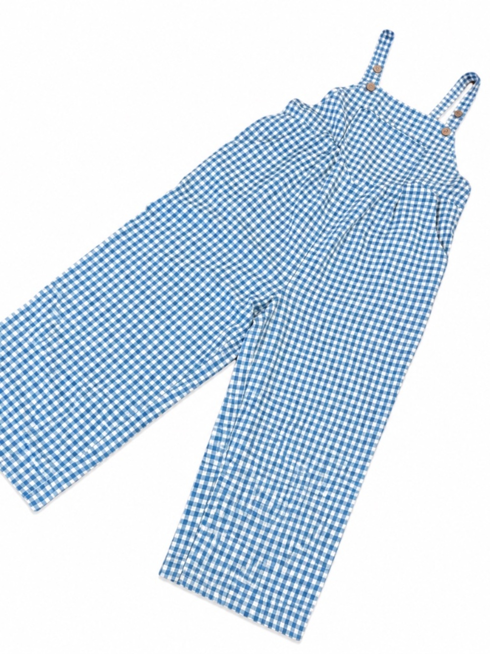Blue & White Gingham Wide Leg Jumpsuit with Pockets & Adjustable Straps